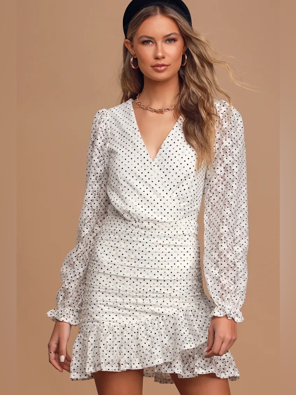 Lulus Polka Dot White Long Sleeve V-Neck Ruffle Mini Dress size M